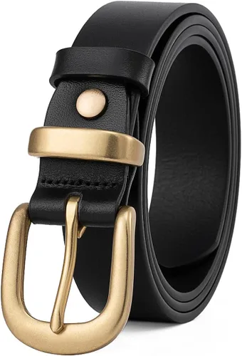 Cinturones para mujer para jeans de 1.1 pulgadas de ancho, cinturones para vestidos de cuero de grano completo con hebilla dorada, caja de regalo
