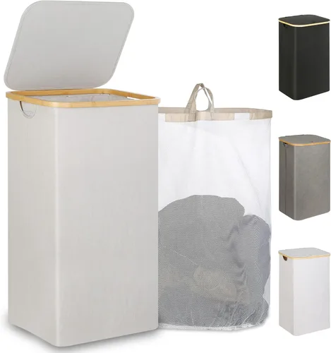 Miniatura 13 de iEGrow - Canasta de lavandería de 150 litros con tapa - Gran canasta de lavandería con asas de bambú, color gris, cestas para lavandería, cesta