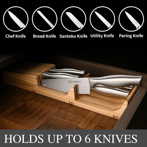 Miniatura 5 de Juego de cuchillos de cocina, juego de 6 piezas de bloques de cuchillos con organizador de cajones de cuchillos de pino, perfecto para el hogar