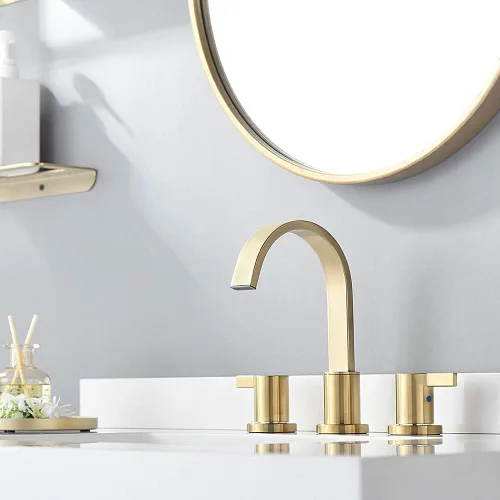 Miniatura 2 de Phiestina Grifo de lavabo de baño de oro cepillado generalizado de 8 pulgadas con 3 agujeros y 2 manijas con drenaje emergente de metal, WF040-1-BG
