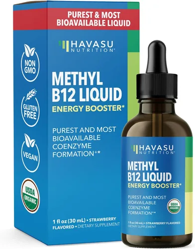 USDA Organic Vitamina B12 - Gotas líquidas – Metilcobalamina para mejorar la energía y el sistema nervioso – 30 porciones – altamente biodisponible
