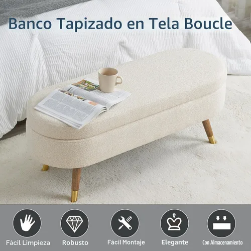 Miniatura 3 de IAFIKE Banco de almacenamiento ovalado de 43.5" Banco otomano tapizado de tela bouclé Banco reposapiés con patas de metal dorado, extremo de cama