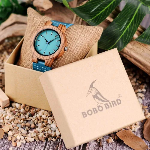 Miniatura 2 de BOBO BIRD Reloj de madera de bambú para hombre y mujer con correa de cuero de vaca azul, relojes casuales para el amor con caja