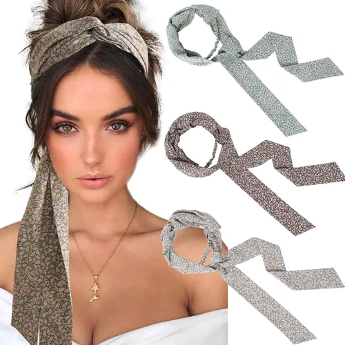 Miniatura 12 de AWAYTR Diademas de gasa con trenzado largo para mujer - 3 unidades, envolturas cruzadas para cabello grueso (Negro+Beige+Jaque)