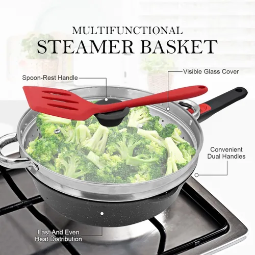 Miniatura 4 de Sartén antiadherente de 12 pulgadas con vaporizador, sartén profunda de 5 cuartos de galón con tapa, utensilios de cocina para cocinar, mango