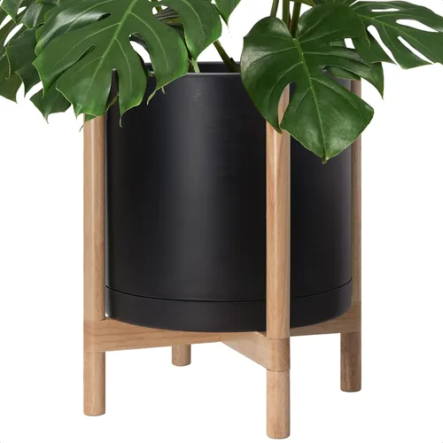 Miniatura 17 de Maceta de D'vine Dev con soporte - Maceta de flores de cilindro de plástico de 8.0 pulgadas con soporte de madera para interiores, maceta mate negra