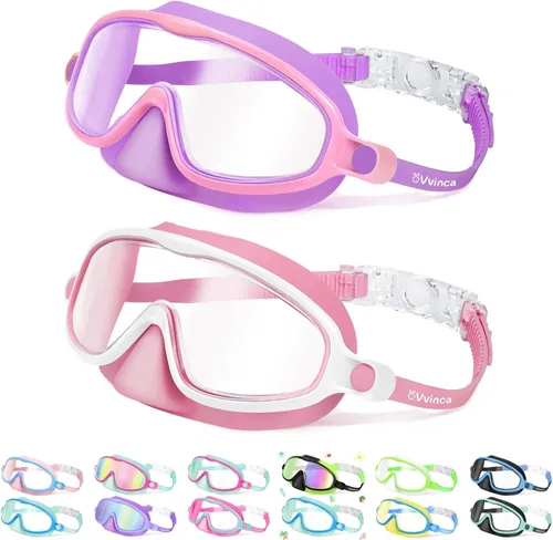 Miniatura 10 de Vvinca 2 gafas de natación para niños con cubierta para la nariz, máscara de buceo de natación de visión amplia, antivaho UV, anti roturas