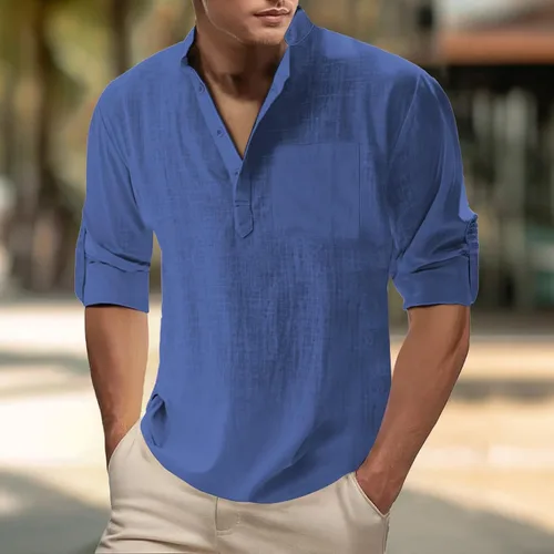Miniatura 2 de Camisa de lino para hombre, manga larga, Henley, casual, verano, grande, alta, algodón, ligera, para negocios, trabajo, vacaciones, crucero
