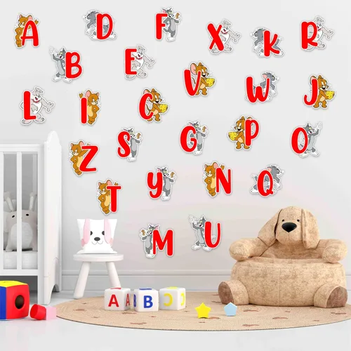 Miniatura 7 de Tom & Jery - Adhesivo decorativo para pared del alfabeto (A–Z), divertido alfabeto de dibujos animados para espacios de aprendizaje, calcomanías