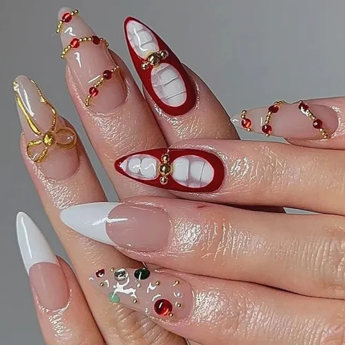 Miniatura 23 de Uñas postizas medianas a presión de almendra, con lazo 3D, perlas y diamantes de imitación, diseños de flores, uñas adhesivas, uñas acrílicas