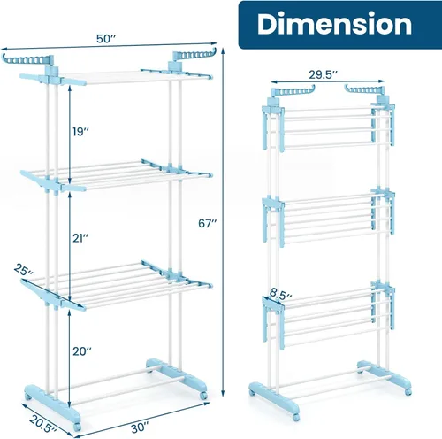 Miniatura 6 de Giantex Estante de secado de ropa plegable, estante plegable de gran tamaño de 4 niveles con 3 bandejas retráctiles, soportes para perchas, soporte