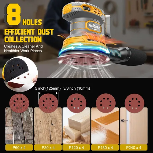 Miniatura 4 de Lijadora orbital inalámbrica compatible con Dewalt 20V 60V, lijadora orbital eléctrica con sin escobillas 12000 RPM, 6 discos variables, lijadora