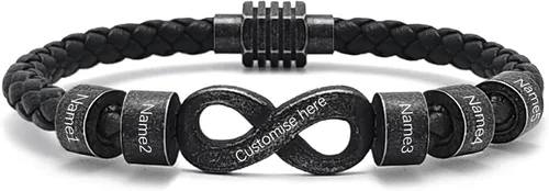 Miniatura 16 de Pulsera personalizada para hombre con cuentas de nombre personalizadas, pulsera de cuero trenzado personalizada grabada con 2-6 nombres