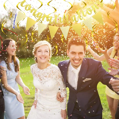 Miniatura 6 de Outus Pancarta de felicitaciones con purpurina preencordada con 12 espirales colgantes para bodas, jubilaciones, graduaciones, aniversarios, Dorado