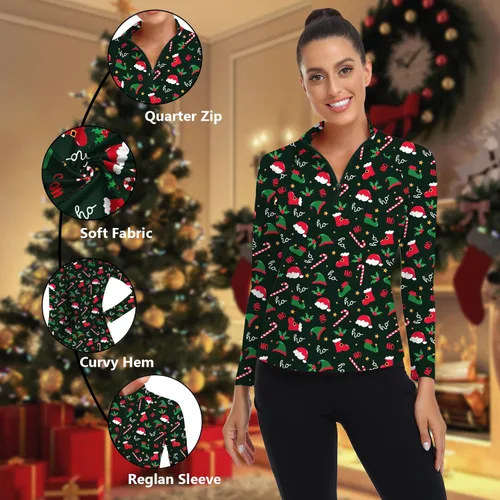 Miniatura 190 de WOWENY Camiseta deportiva de manga larga para mujer, con cremallera de un cuarto, cuello para entrenamiento, camiseta de tenis con estampado