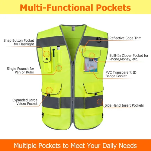 Miniatura 3 de TCCFCCT Hi Vis Chaleco de seguridad reflectante de alta visibilidad con 9 bolsillos para hombres y mujeres, chaleco de construcción con tiras