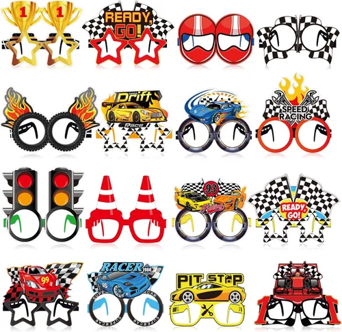 Paquete de 32 regalos de fiesta de autos de carreras para niños, marcos de gafas de papel de carreras con bandera a cuadros para suministros de