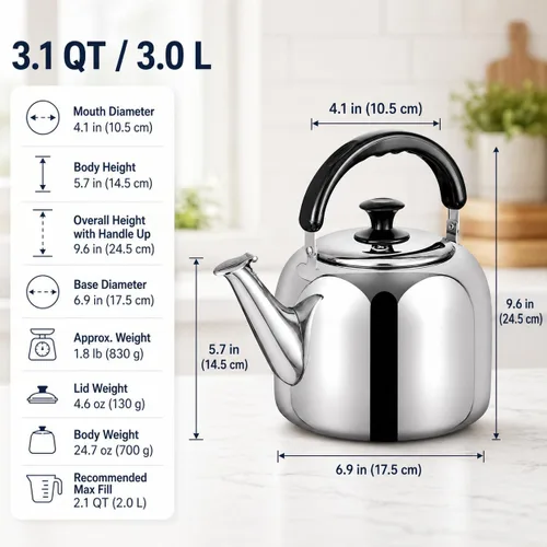 Miniatura 9 de Tetera Silbante para Estufa, de Grado Alimentario de Acero Inoxidable 316, Hervidor de Agua Rápido, Tetera de Cocina con Mango Ergonómico, Capacidad