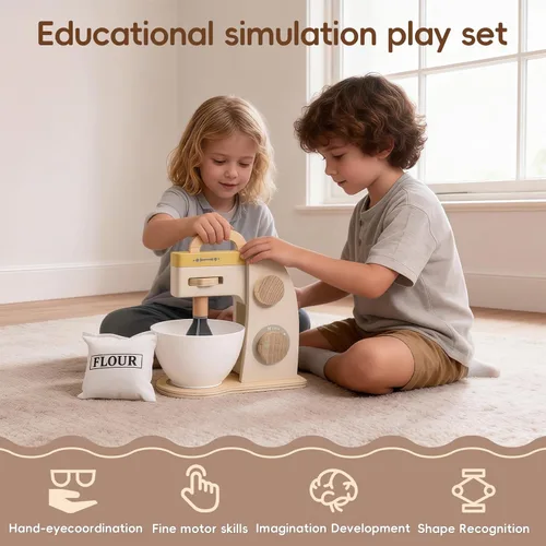 Miniatura 5 de FReniland Mezclador de juguete de madera para niños pequeños, máquina mezcladora de hornear para juegos de rol de cocina, juguete de cocina