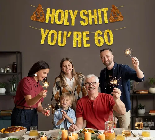 Miniatura 2 de Cartel decorativo de cumpleaños número 60 para mujeres y hombres, cartel de decoración de cumpleaños con purpurina dorada preencordada, divertido