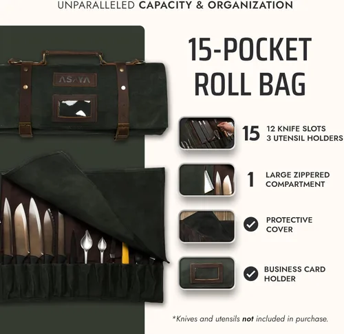 Miniatura 2 de Asaya Bolsa de lona encerada para cuchillos – Bolsa para cuchillos de chef de 15 ranuras con correas de cuero, bolsillo grande con cremallera y Verde