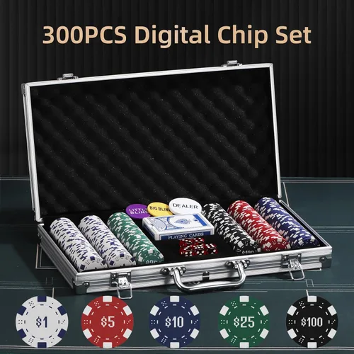Miniatura 3 de Juego de 300 fichas de póquer numeradas para Texas Holdem, Blackjack, torneos con estuche de aluminio, 2 barajas de cartas, distribuidor, ciego Negro