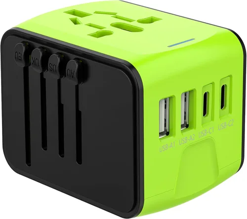 JMFONE Adaptador de viaje internacional, 2 puertos USB-C y 2 puertos USB-A y enchufes de CA múltiples, adaptador de corriente universal en todo el 2