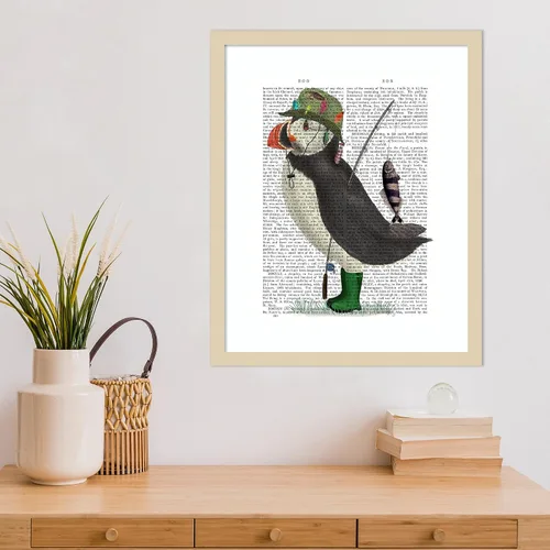 Miniatura 5 de Amanti Art Framed Wall Art Print 21x17 Puffin Fishing by Fab Funky, Animals Wall Art, Whimsical Decor, Small Poster Painting Artwork for Living