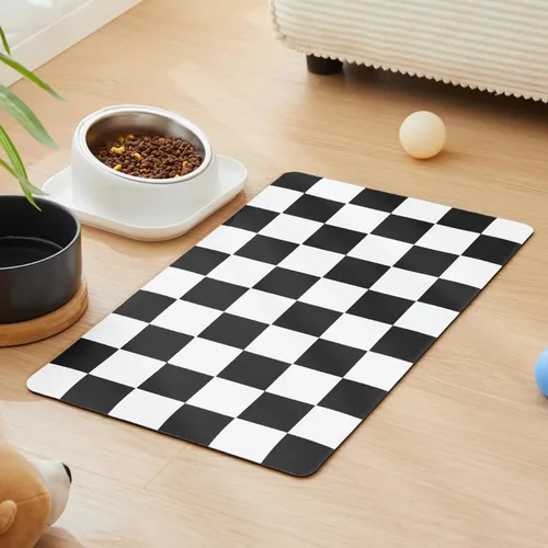 Miniatura 7 de Alfombrilla de alimentación para perros a cuadros, tapetes absorbentes para tazón de comida y agua para perros, dispensador, estética retro beige
