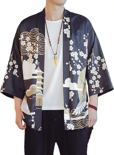 Miniatura 19 de PRIJOUHE Chaqueta Kimono Ligera para Hombre de Manga Tres Cuartos con Frente Abierto Cárdigan Estilo Japonés