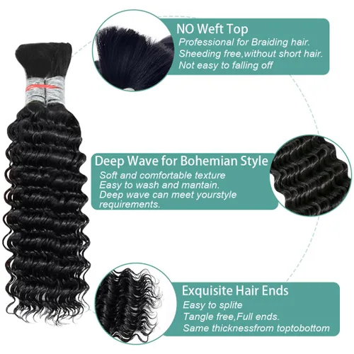 Miniatura 2 de Cabello humano trenzado para trenzas bohemias, cabello humano trenzado de onda profunda, cabello humano a granel para trenzar, sin trama 10A, húmedo
