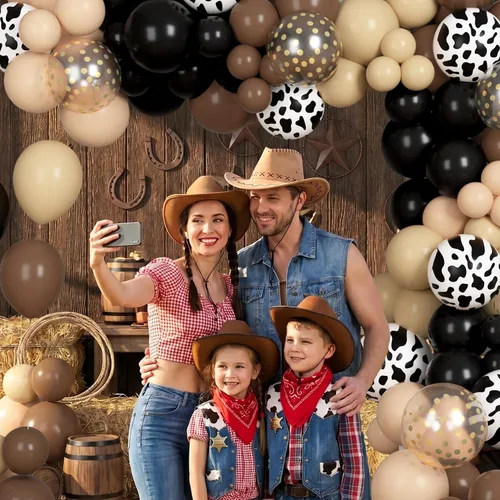 Miniatura 5 de Kit de Arco de Guirnalda de Globos de Vaquero Occidental de 170 Piezas, Globos de Confeti Negro y Marrón con Estampado de Vaca para Granja