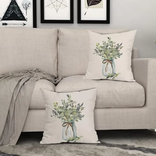 Miniatura 7 de Juego de 2 fundas de almohada de hojas de eucalipto verdes de 18 x 18 pulgadas, para primavera y verano, para sofá, estilo granja, acuarela