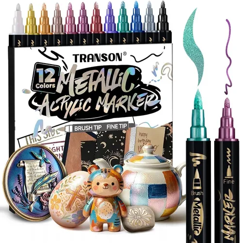 Miniatura 8 de TRANSON Juego de rotuladores de pintura acrílica de doble punta fina y brocha de 12 colores para lienzo, roca, madera, cuero, cerámica, pintura DIY