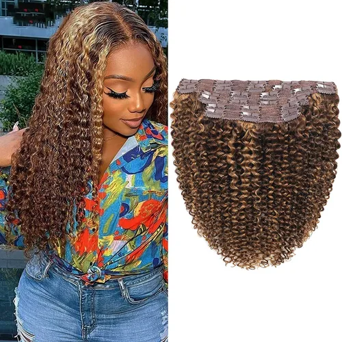 Miniatura 19 de Extensiones de cabello rizado kinky con clip para mujeres negras 14 pulgadas 2# marrón oscuro extensiones de cabello rizado con clip cabello humano