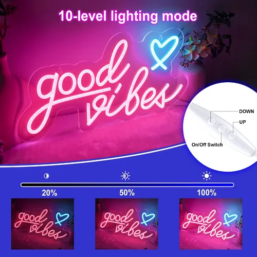 Miniatura 5 de Good Vibes - Letrero de neón rosa con corazón, luces LED rosas de 15.7 x 8 pulgadas, funciona con USB, letrero LED Good Vibes para dormitorio