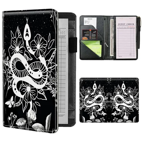 Miniatura 25 de Libros de mesero para camarera con bolsillo con cremallera, lindo esqueleto de baile, almohadillas de cuero para servidor, organizador de meseros