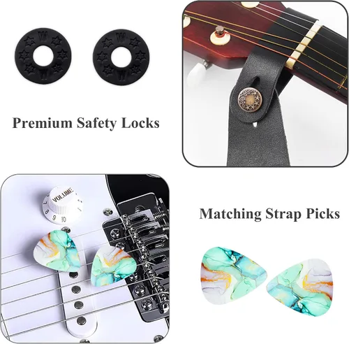 Miniatura 4 de LIZIMANDU Correa ajustable para guitarra incluye 2 cierres de correa y 4 púas a juego. Correa de hombro para guitarra con extremos de cuero, ideal