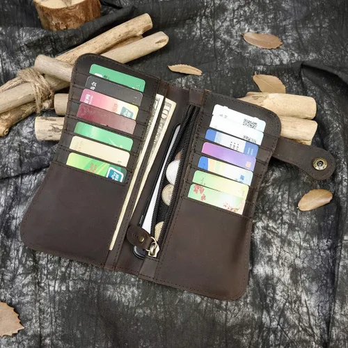 Miniatura 5 de Billetera larga de cuero genuino para hombre, cartera plegable grabada