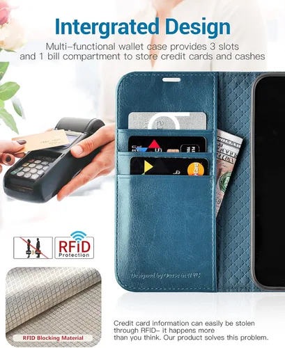Miniatura 3 de OCASE Funda tipo cartera compatible con iPhone 13, de piel sintética, con tarjetero, bloqueo RFID, soporte para teléfono