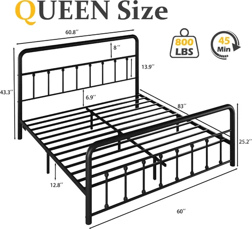 Miniatura 2 de Fluest Base de cama Queen con cabecero, estación de carga y luces LED, plataforma de metal con soporte de listones de acero, no necesita somier