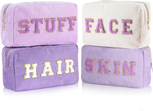 Miniatura 14 de Pinkunn 4 Piezas Bolsas de Maquillaje Preppy Bolsas de Chenilla con Letras de Viaje Organizador Facial Piel Cabello Higiene Cosmética Bolsa de Aseo