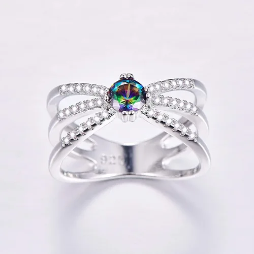 Miniatura 15 de Narica Anillo de 21 piedras chapadas en plata, apilables, corte redondo, zafiro azul, circonita cúbica, relleno de circonita cúbica, halo
