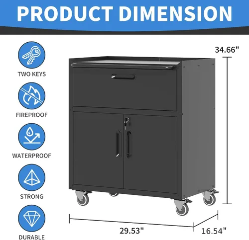 Miniatura 3 de Armario de almacenamiento de metal con ruedas, armario de almacenamiento de garaje con cerradura con 2 puertas y 1 cajón, gabinete de herramientas