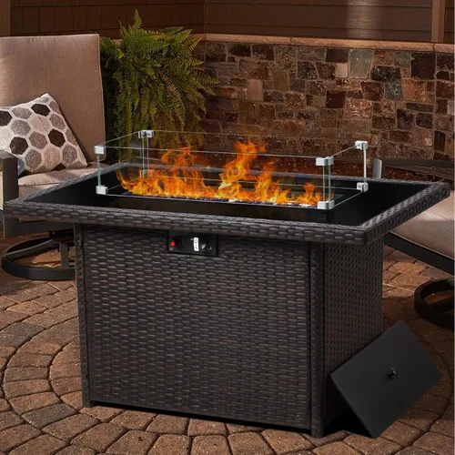 Miniatura 8 de LayinSun Mesa para fogata de gas propano de 44 pulgadas, 55000 BTU rectangular con protector de viento de vidrio para patio exterior, terraza