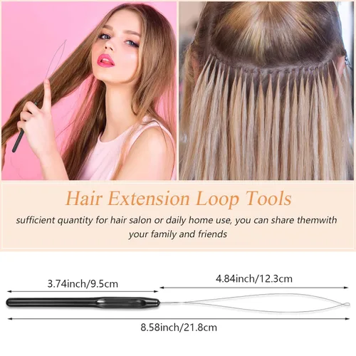 Miniatura 4 de Chuangdi 20 piezas de extensión de cabello, enhebrador de aguja para tirar de gancho, dispositivo de cuentas de aguja para suministros de Negro