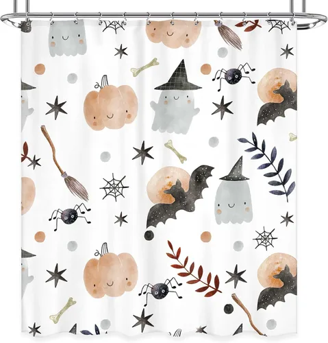 Miniatura 9 de Cortina de ducha de Halloween para niños, 60 pulgadas de ancho x 72 pulgadas de largo, bonita cortina de ducha con diseño de fantasma, calabaza