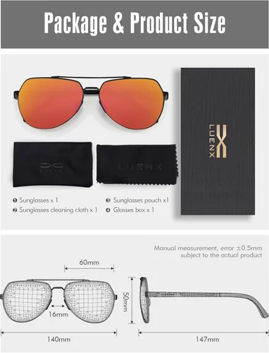 Miniatura 6 de LUENX Lentes de sol de aviador para hombres y mujeres, polarizados, marco de metal grande, protección UV 400