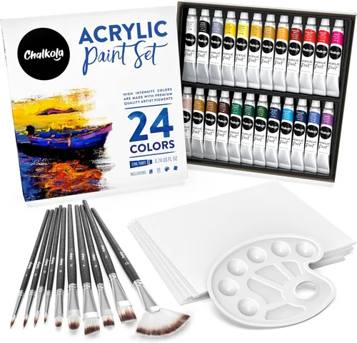 Chalkola Juego de 40 pinturas acrílicas para adultos con 24 pinturas acrílicas (0.8 onzas líquidas), 10 pinceles de pintura, 5 lienzos para pintar