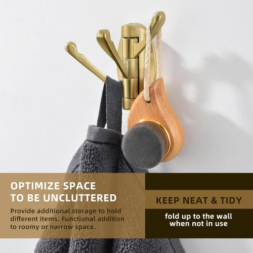 Miniatura 7 de Angle Simple Gancho giratorio para toallas de oro cepillado, 2 piezas, gancho de baño plegable de metal, soporte para toallas de baño, colgador
